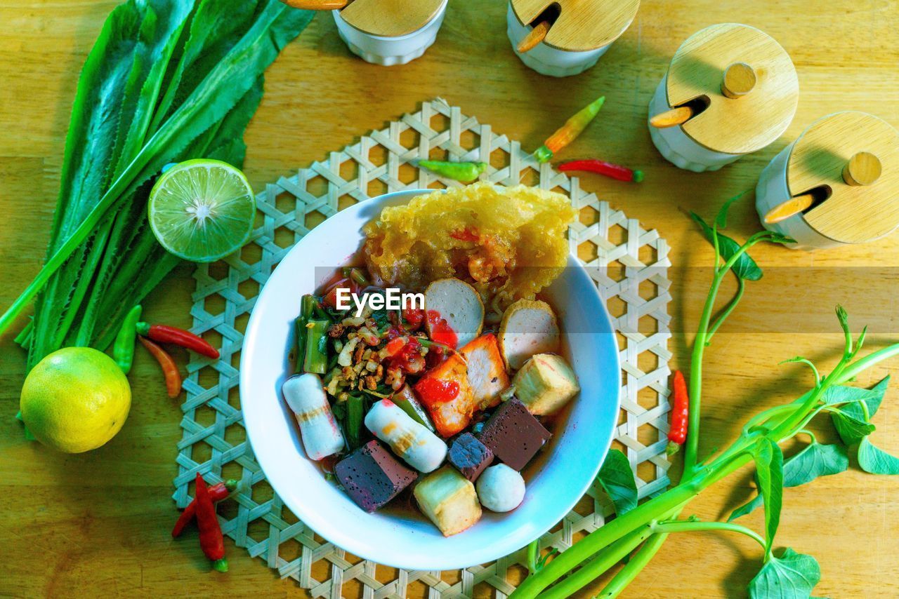 high angle view of food in plate on table