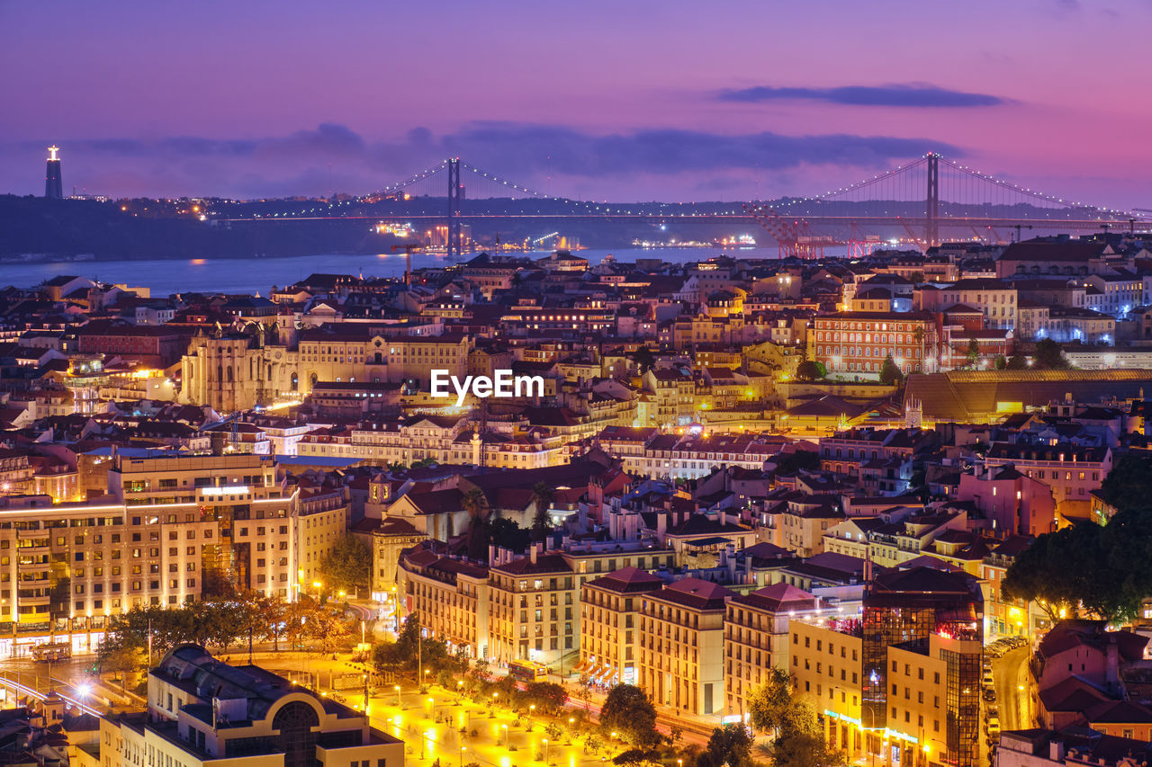 high angle view of illuminated cityscape