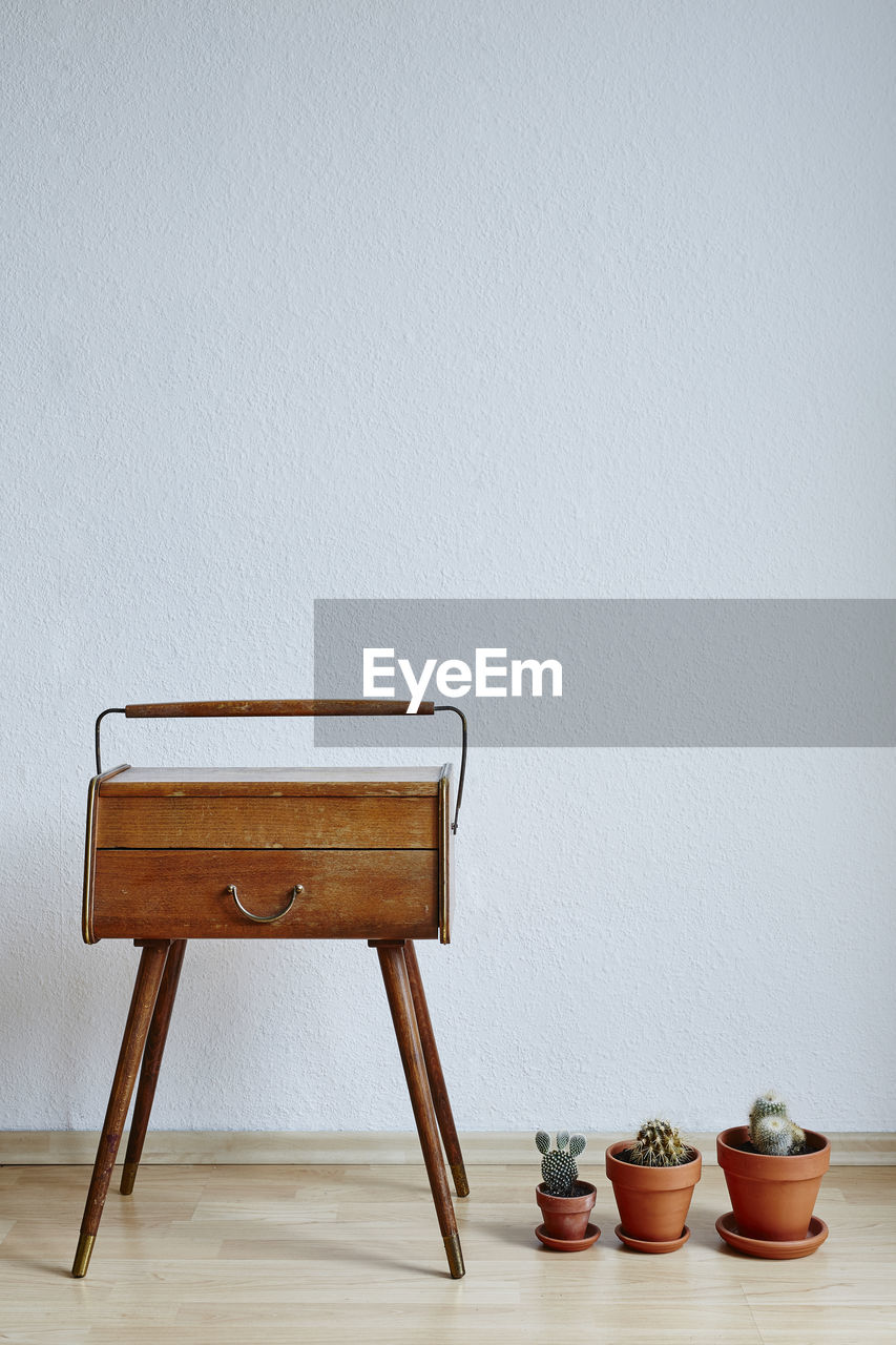 Potted plants by luggage on chair against wall