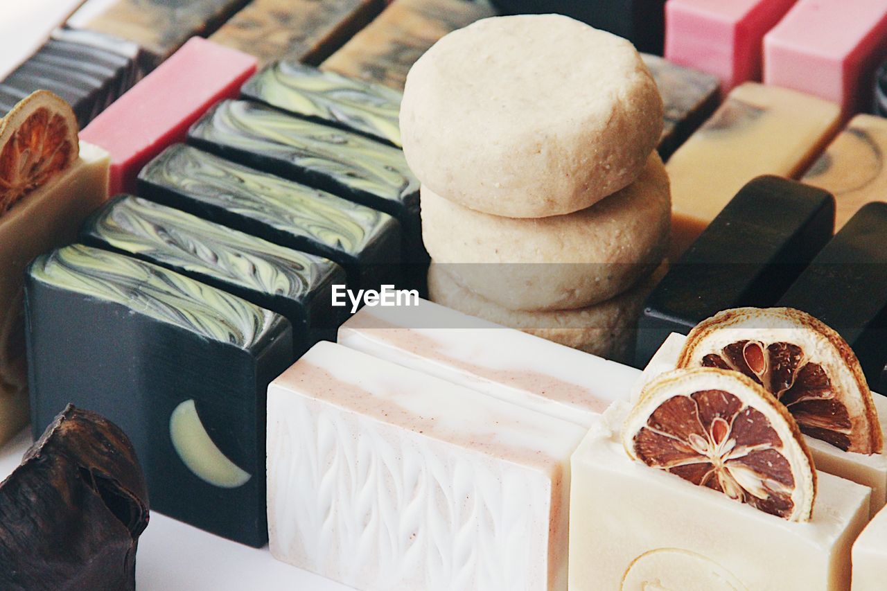 High angle view of various soaps on table