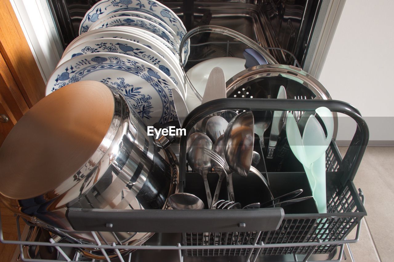 Close-up of dishes in dishwasher