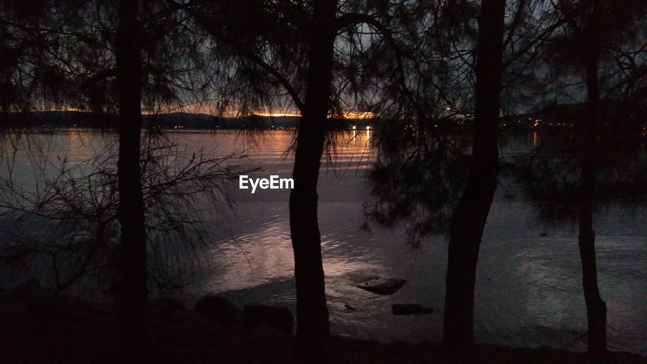 SILHOUETTE TREES BY LAKE IN FOREST AGAINST SKY