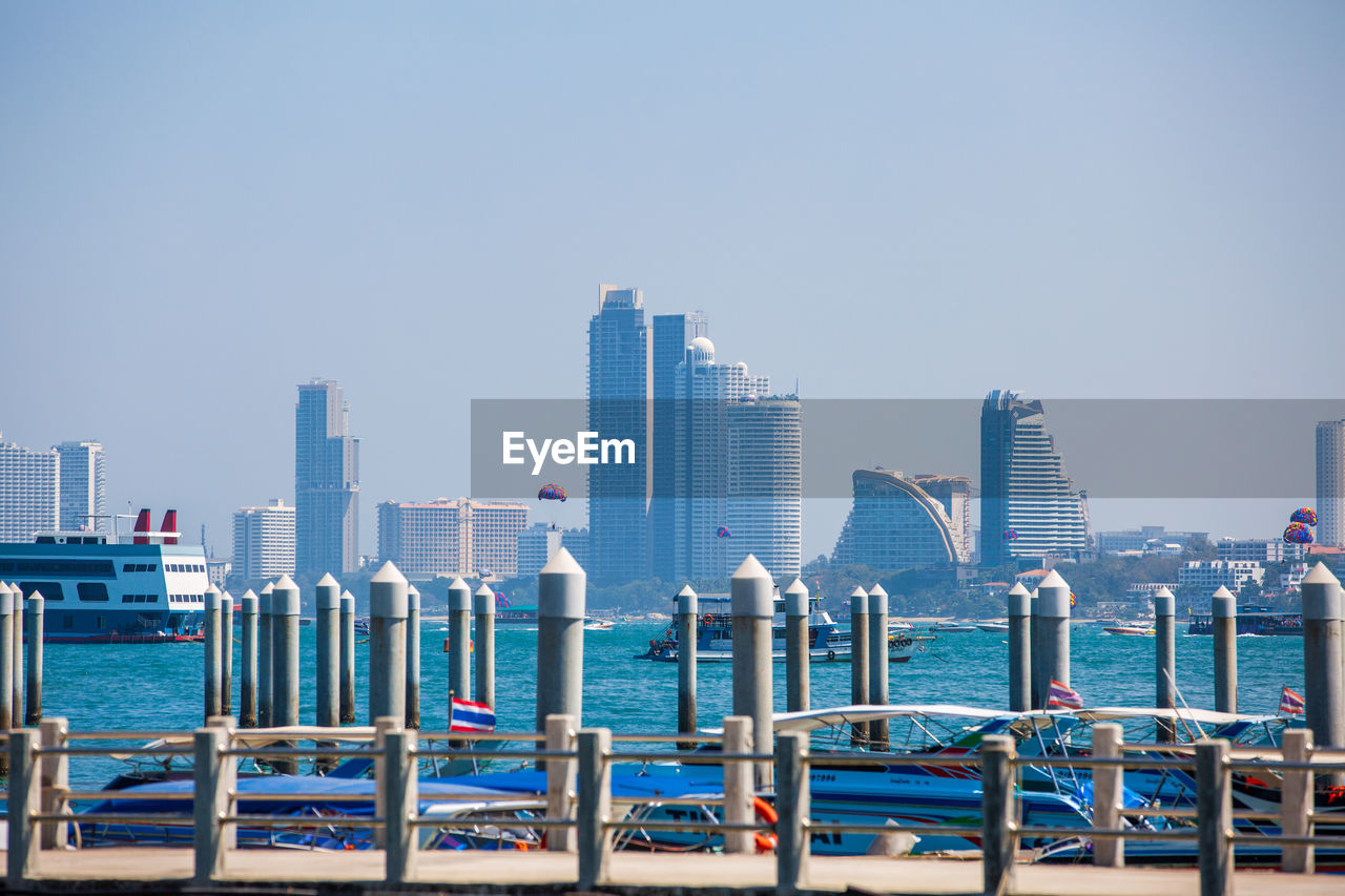 Panoramic view of sea and buildings against clear sky