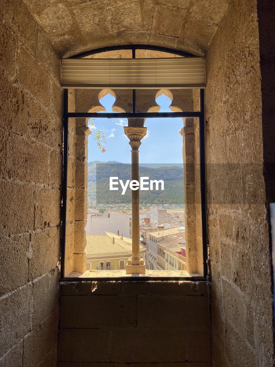 Buildings seen through window