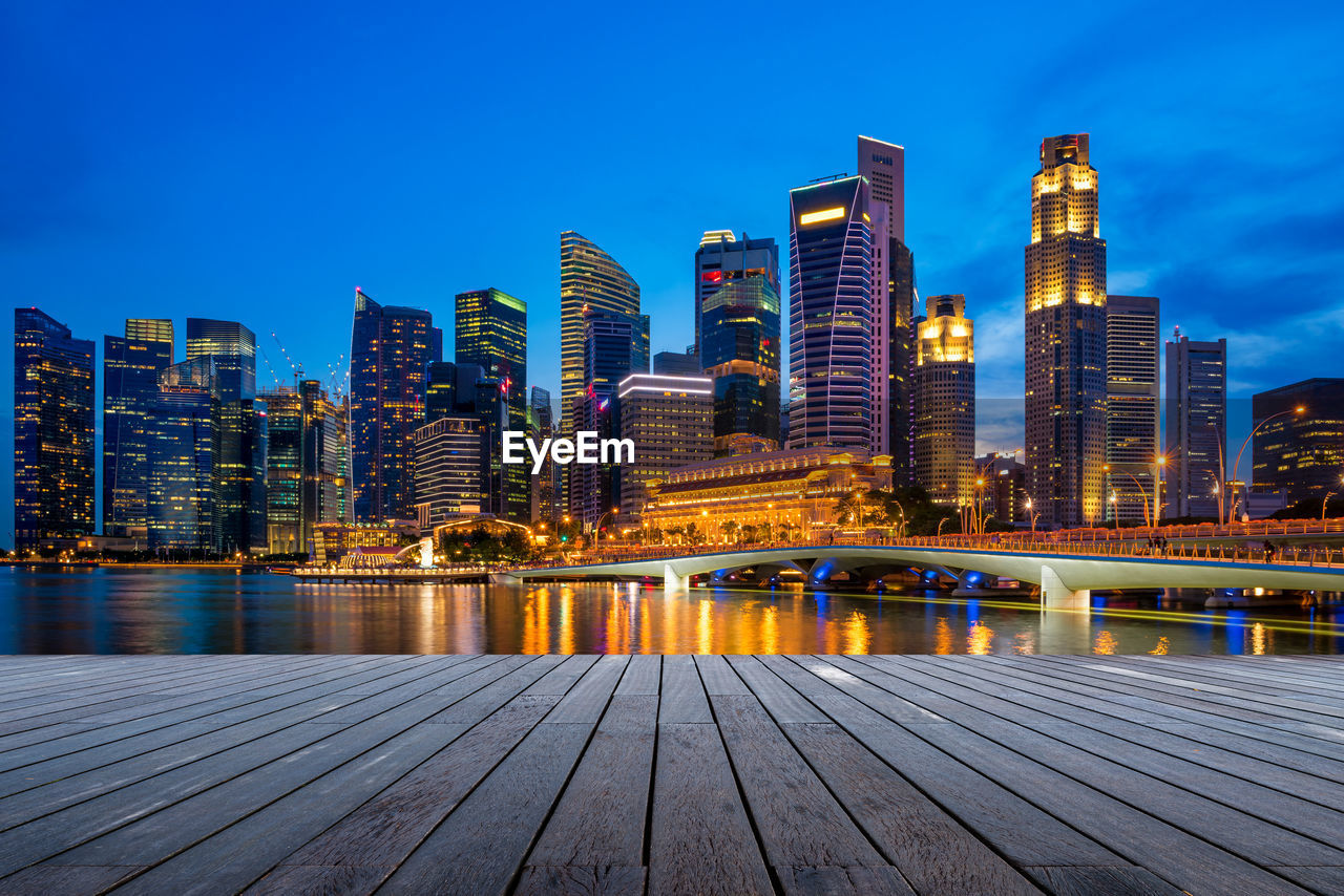 ILLUMINATED BUILDINGS IN CITY AT DUSK