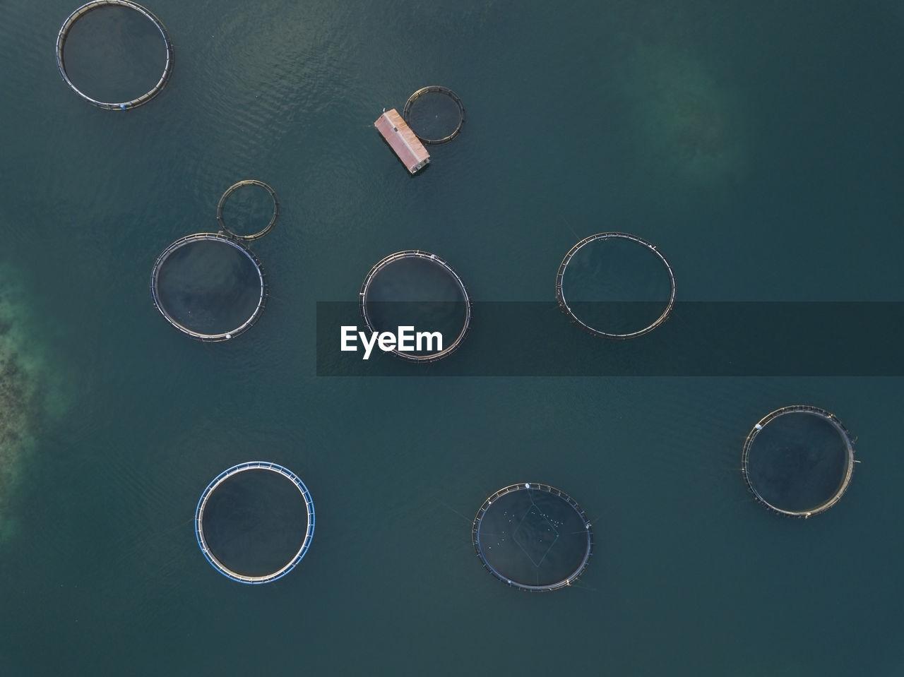 Aerial view of fishing farm enclosures