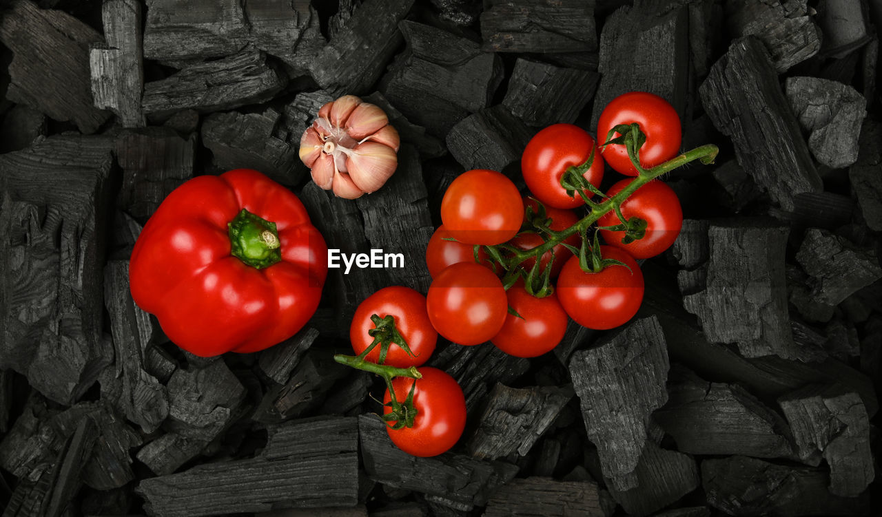 HIGH ANGLE VIEW OF FRUITS AND TOMATOES ON PLANT