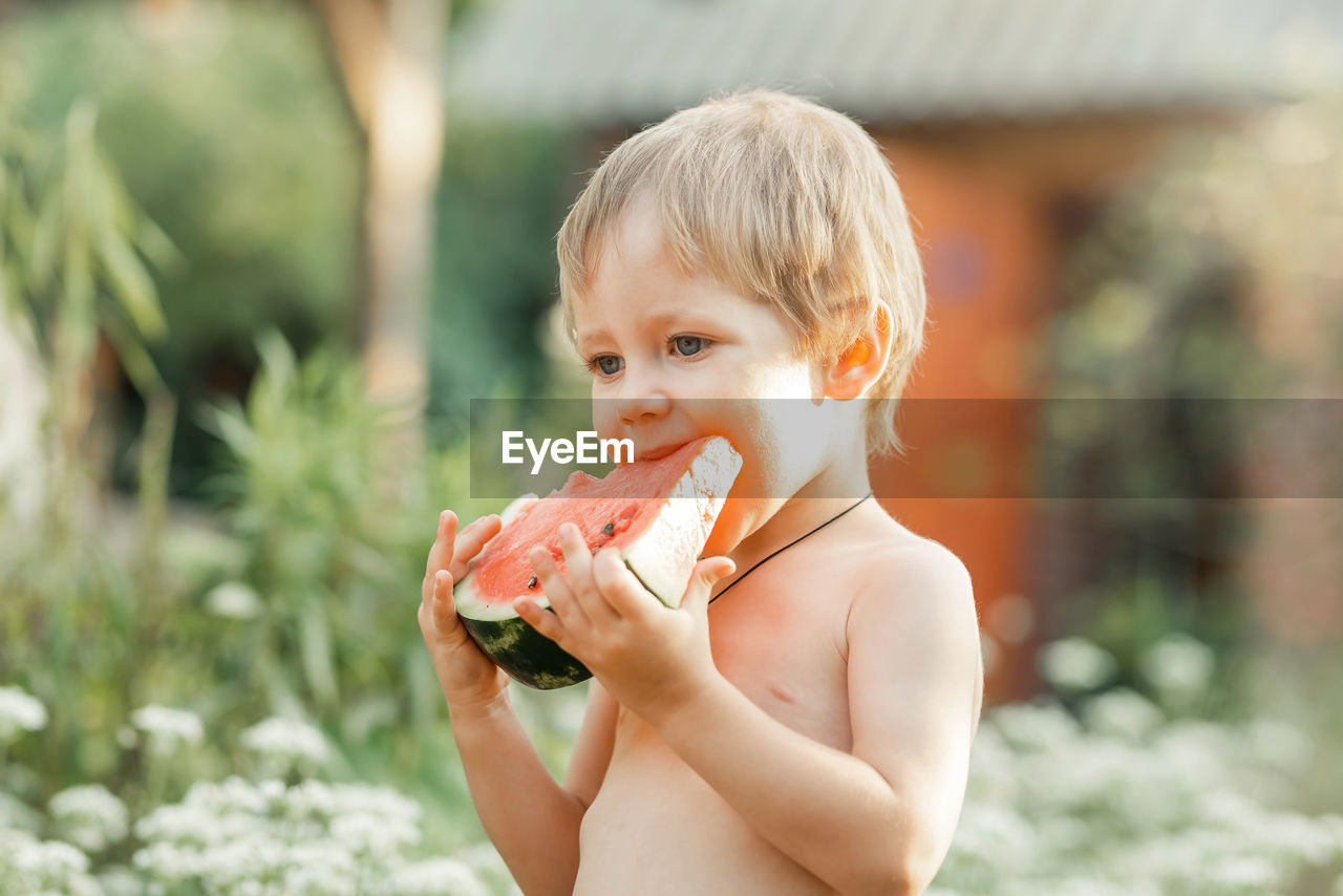 Portrait of boy eating watermelon