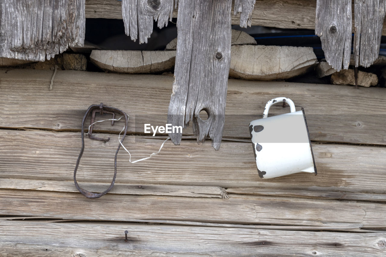 High angle view of ropes on wooden table