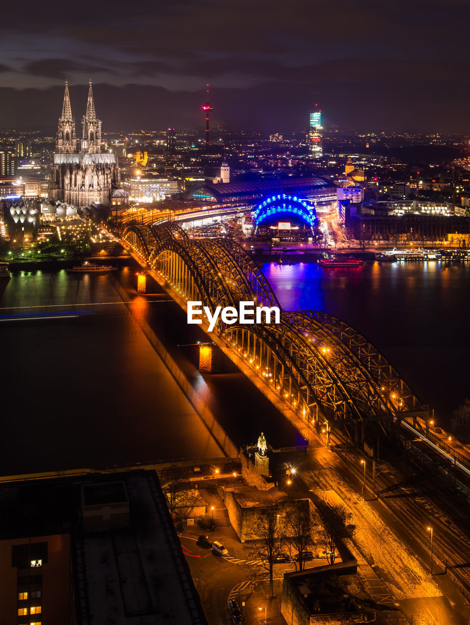 High angle view of illuminated bridge at night