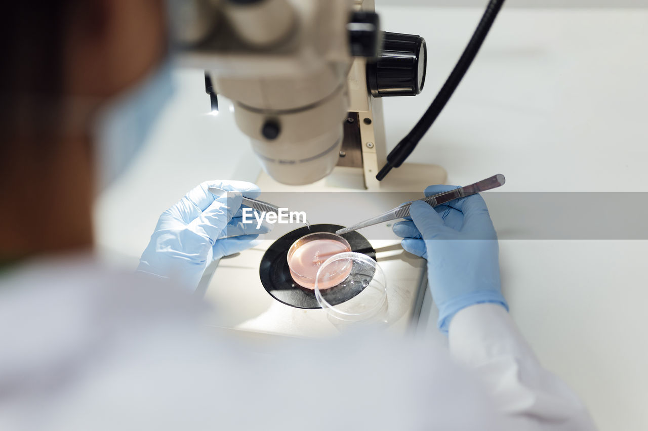 Mature female medical expert using tweezers while analyzing medical samples through microscope in lab