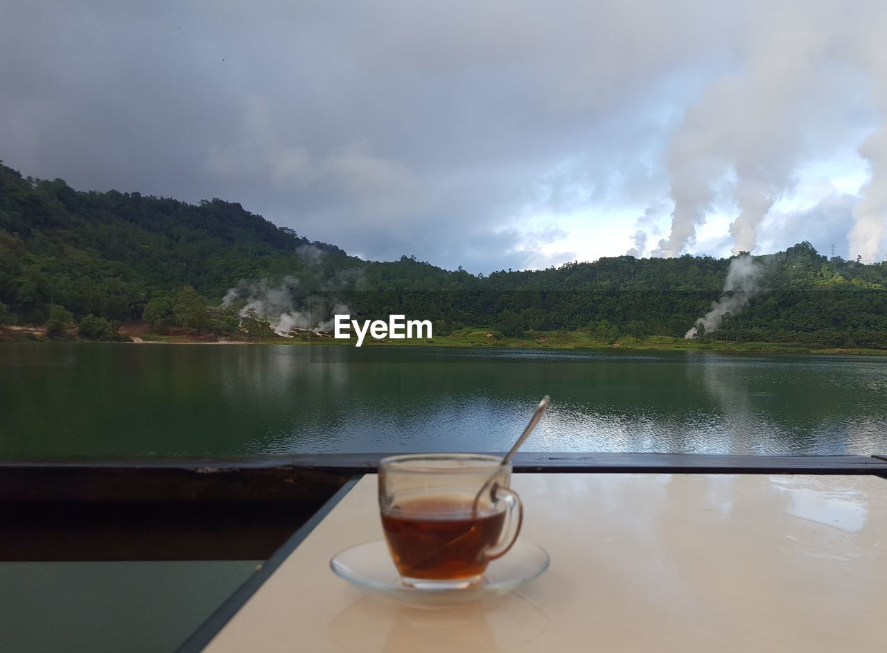 CLOSE-UP OF TEA ON LAKE AGAINST SKY