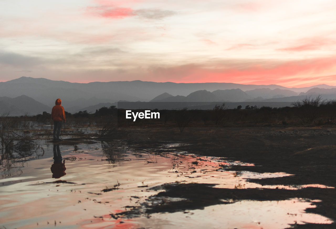 Rear view of man standing at beach against sky during sunset