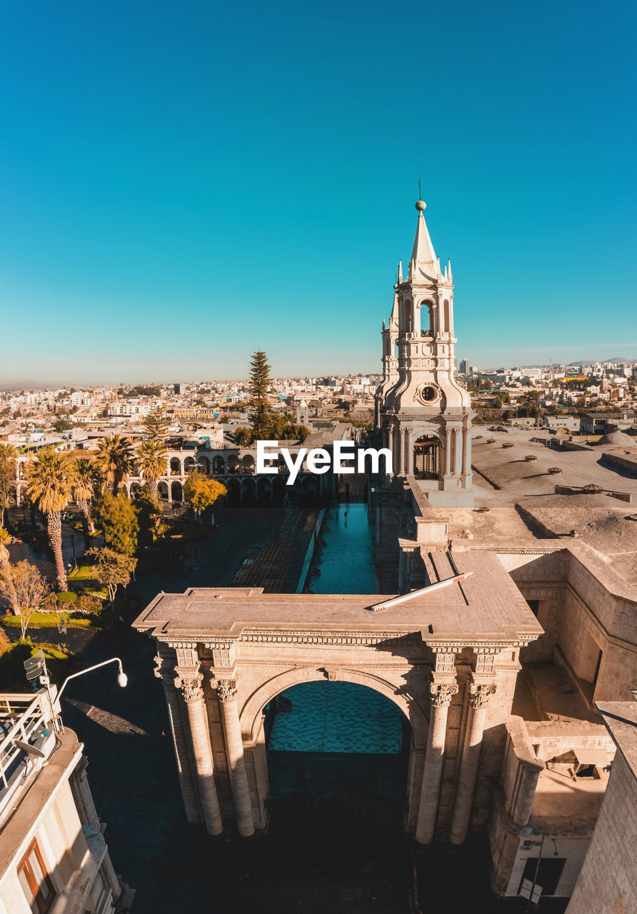 Aerial drone view of arequipa main square and cathedral church at sunset. arequipa, peru.