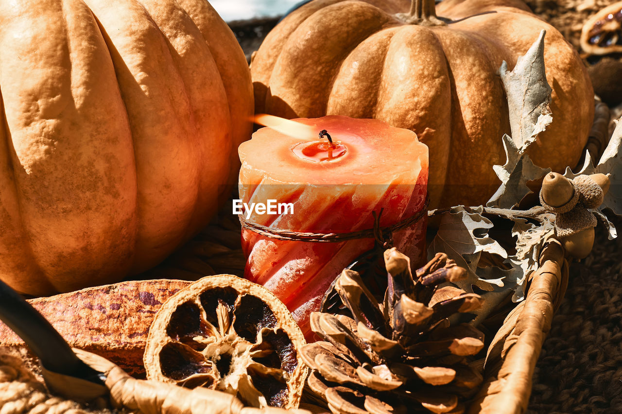 Cozy warm autumn composition with burning candle and pumpkins on knitted woolen plaid. 