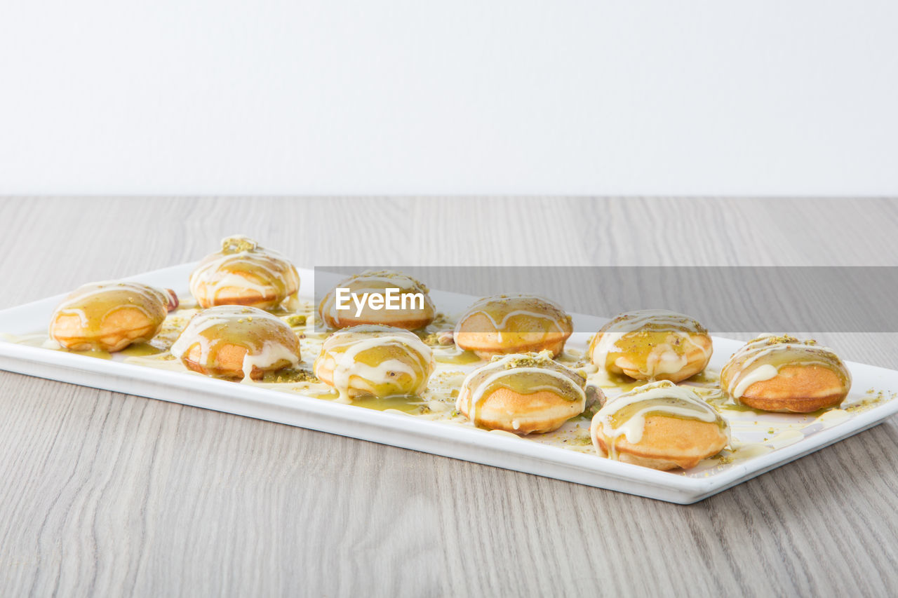 Close-up of dessert in tray on table