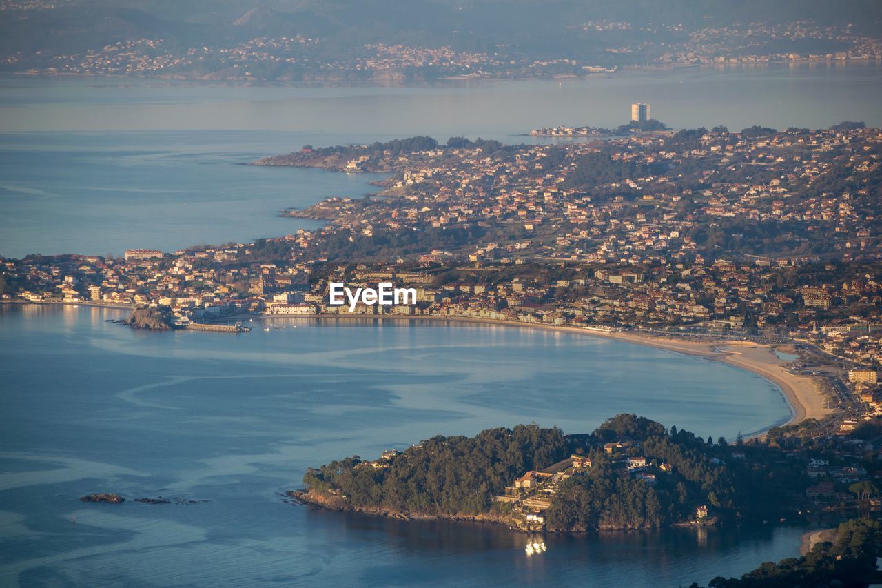 Aerial view of the village of nigran with the ria de vigo in the background