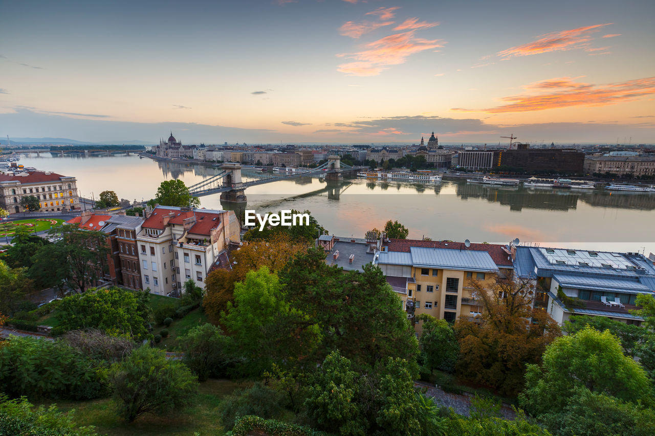 View of the chain bridge, parliament and st. stephen's basilica.