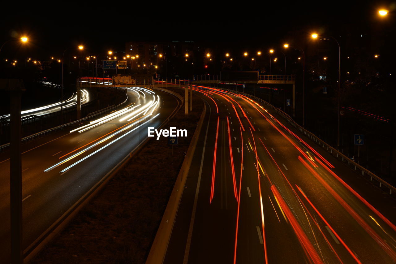 Light trails on road at night