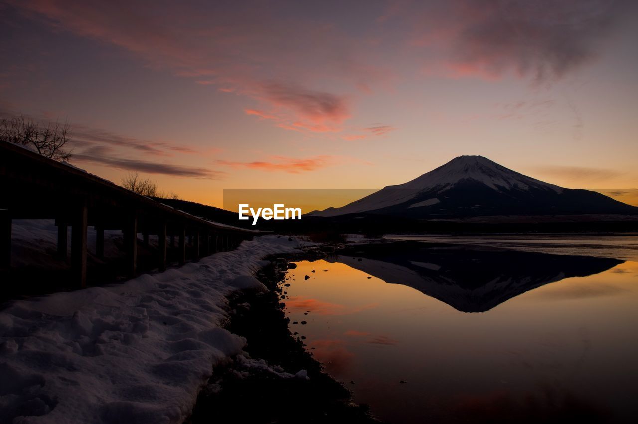 Scenic view of lake and mt fuji during sunset