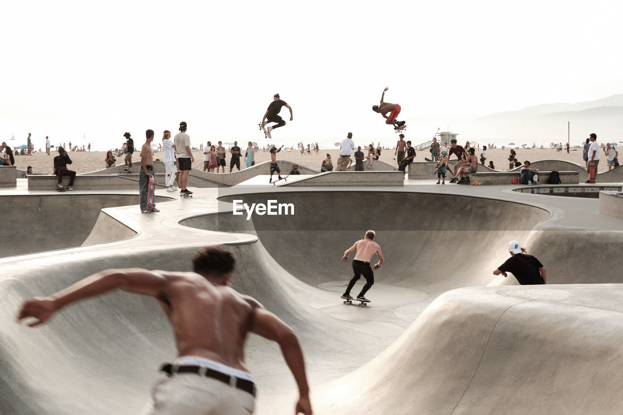 High angle view of people at venice beach skatepark 