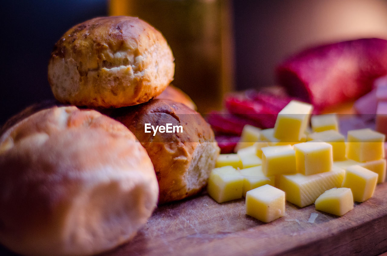 Close-up of food on cutting board at table