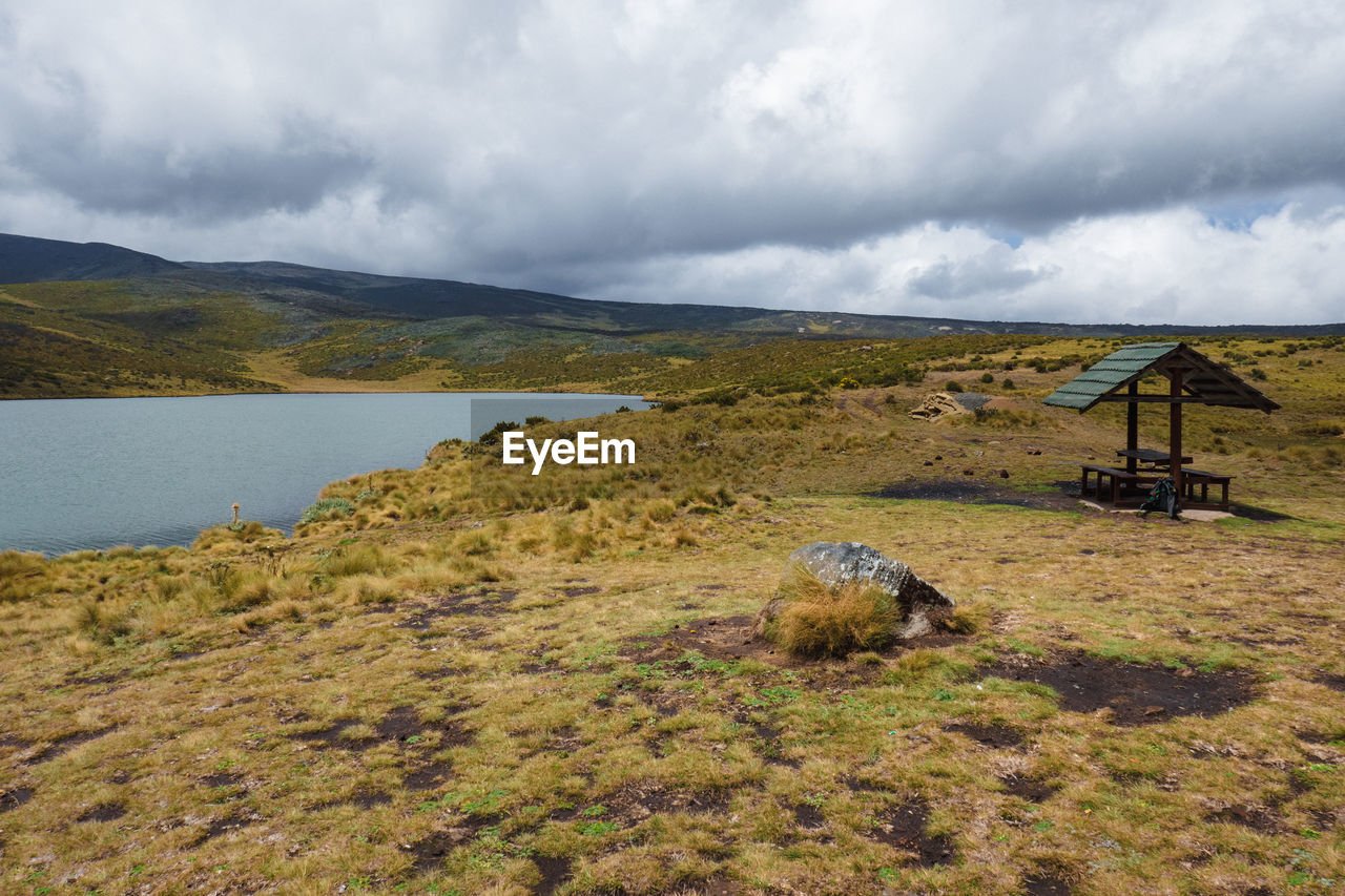 A campsite at the shores of lake ellis in chogoria route, mount kenya national park, kenya