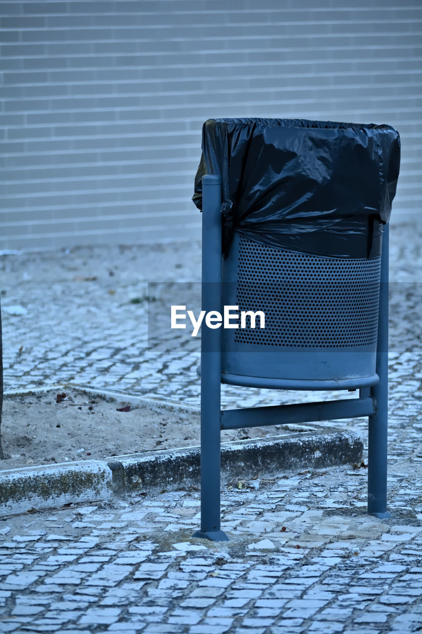 blue, snow, winter, furniture, no people, chair, seat, nature, absence, day, black, outdoors, architecture, water, white, wood