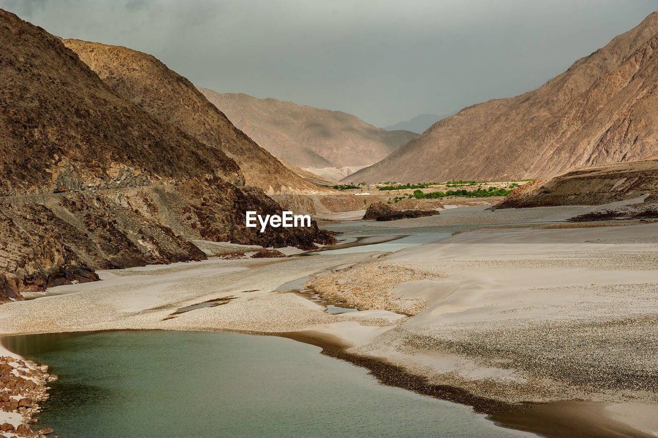 Scenic view of lake and mountains against sky