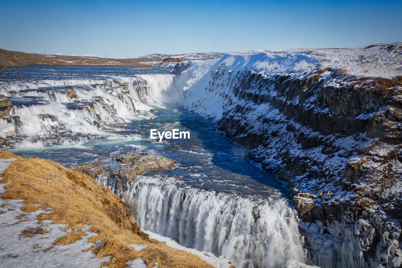 Scenic view of waterfall by snowcapped mountains against clear blue sky