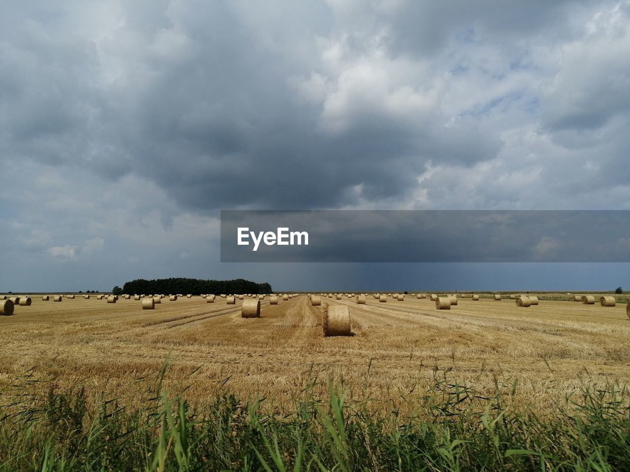 Hay bales on field against sky