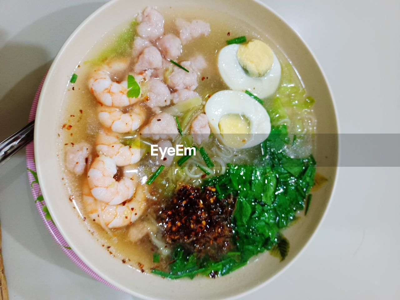 High angle view of soup in bowl