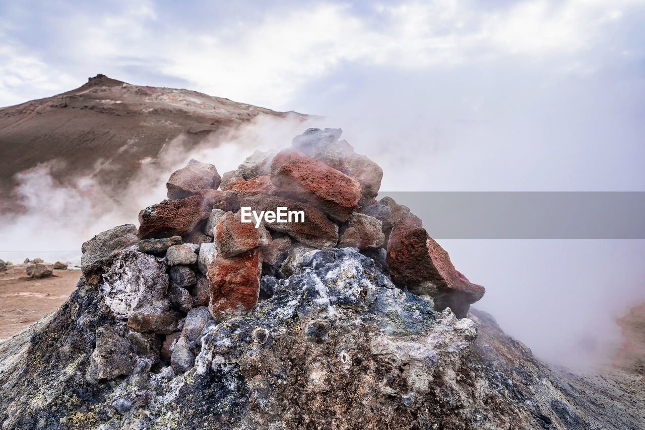 Close-up of steaming fumarole in geothermal area of hverir at namafjall