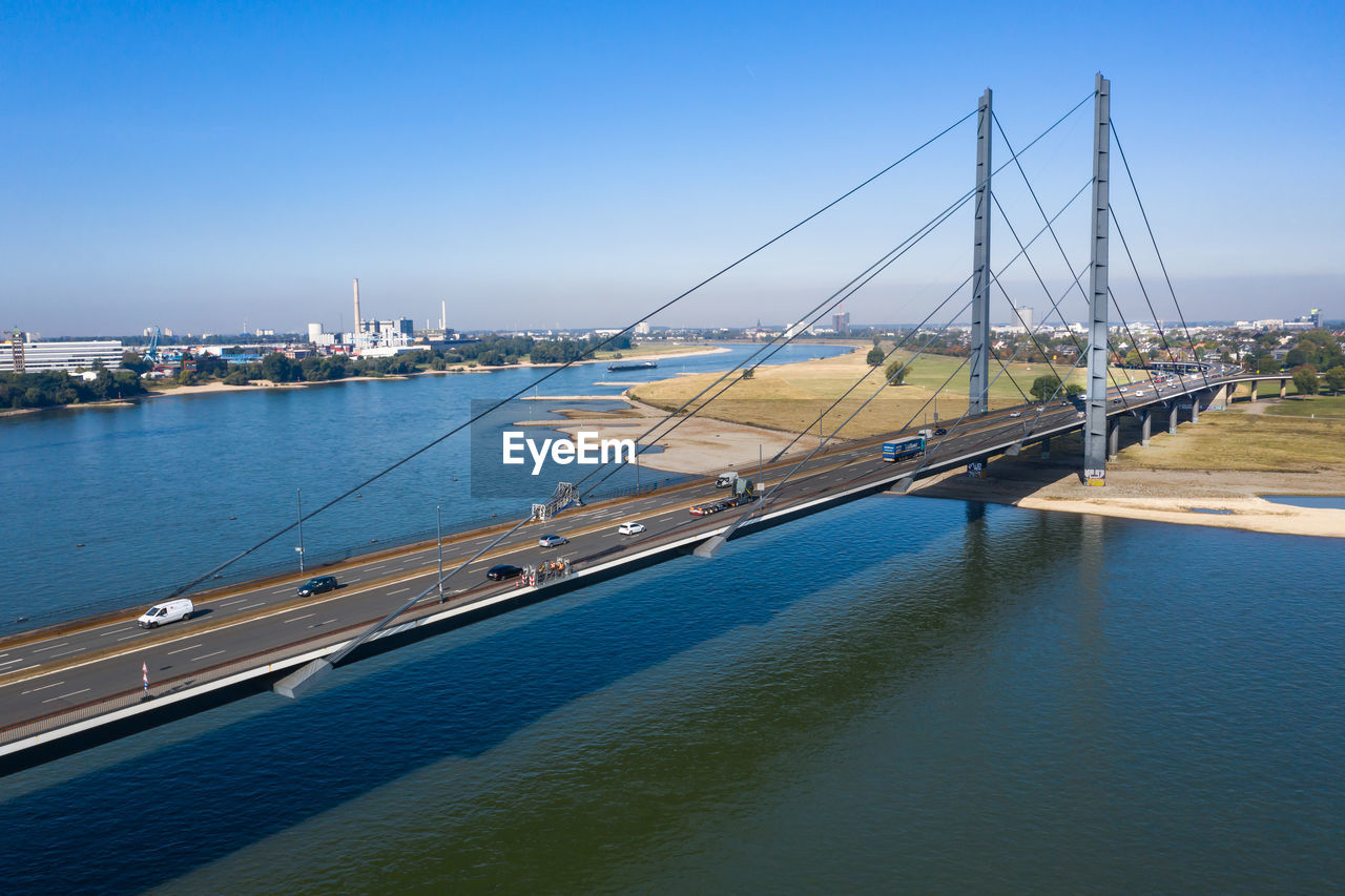 Bridge over the river rhine rheinkniebrücke in düsseldorf from a bird's eye view, drone photography.