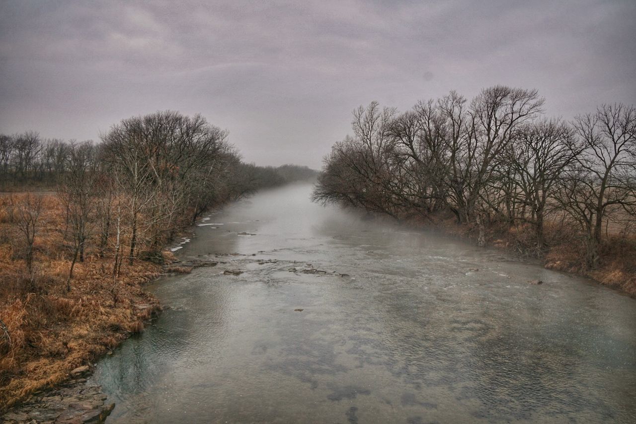 River amidst bare trees against sky