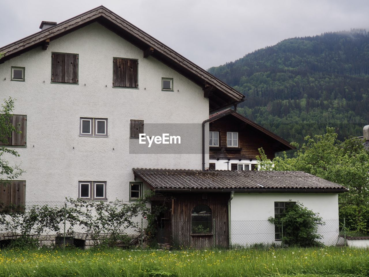 House and trees on landscape against sky