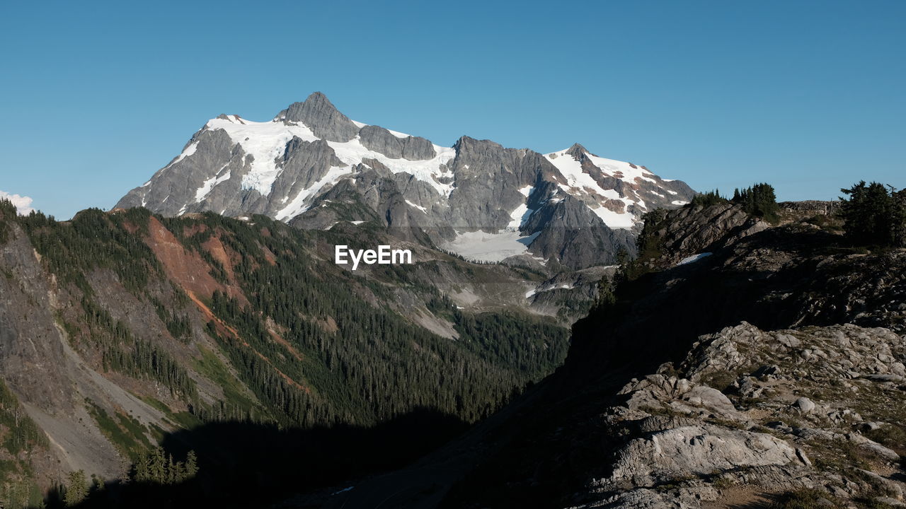 Scenic view of snowcapped mountains against clear blue sky