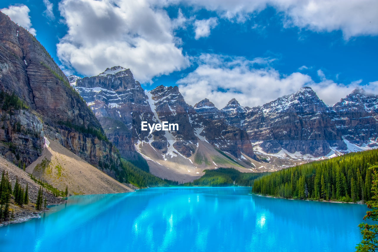 Scenic view of lake by mountains against sky