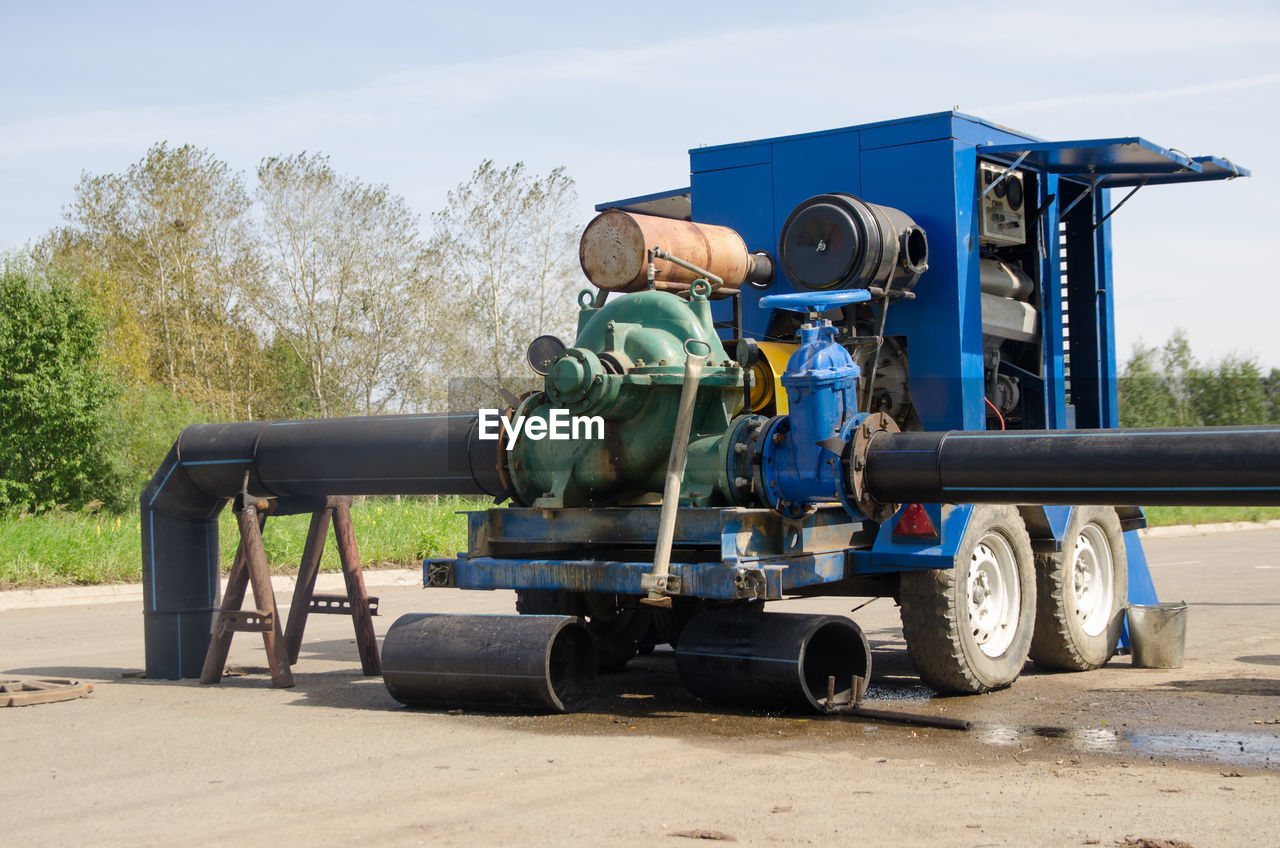 Industrial sewer pump pumping out excess water from the sewer. flooded sewage treatment.