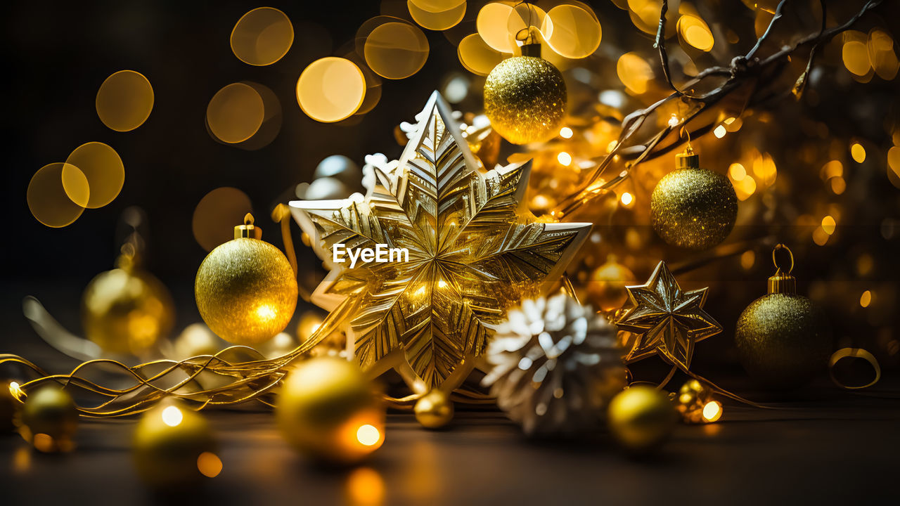 holiday, christmas, christmas decoration, decoration, celebration, christmas ornament, yellow, christmas lights, christmas tree, tree, branch, gold, illuminated, light, no people, night, tradition, plant, nature, event, shiny, shape, flower, sphere, backgrounds, lighting, lighting equipment, close-up