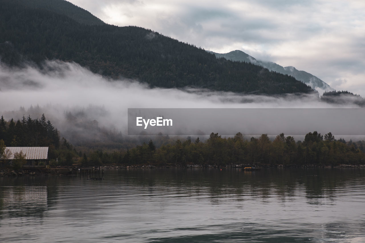 Scenic view of lake by mountains against sky