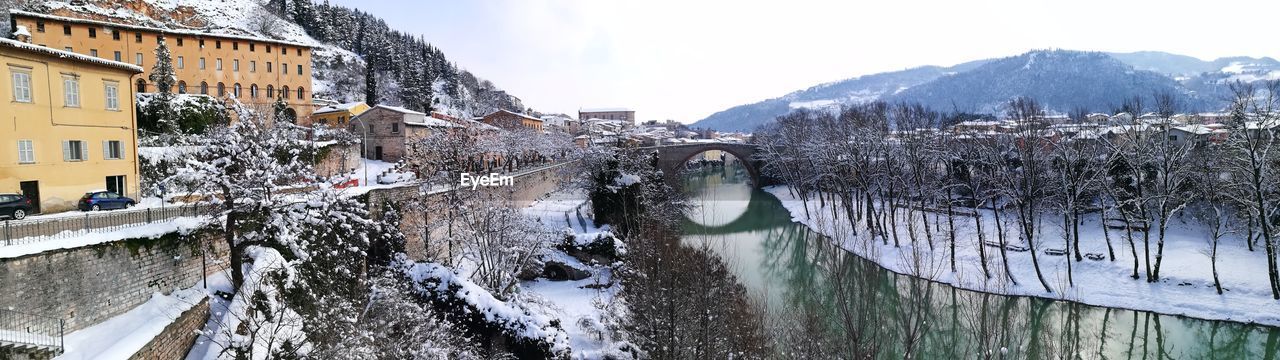 Panoramic view of frozen lake against sky