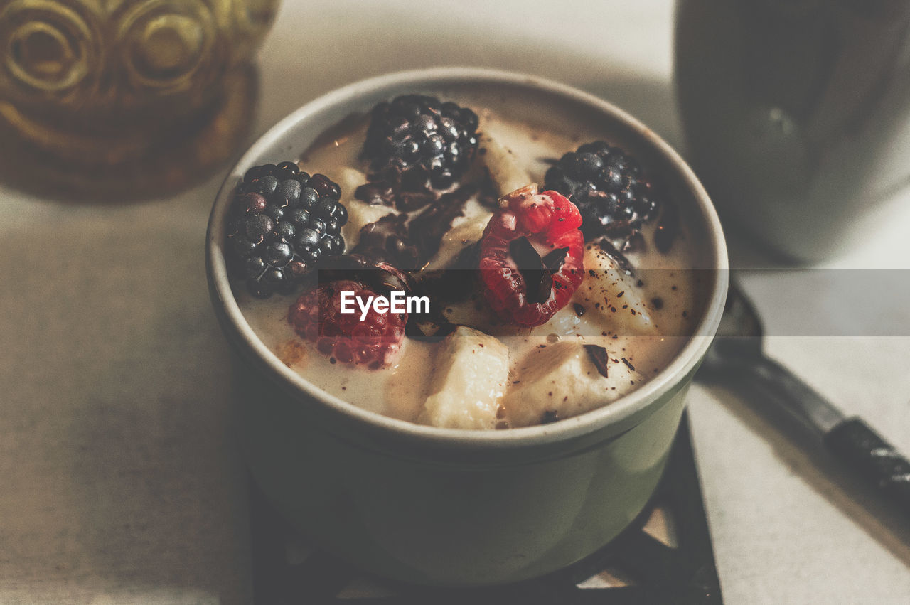 High angle view of breakfast in bowl on table