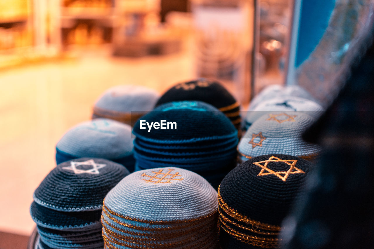 High angle view of skull caps for sale in store