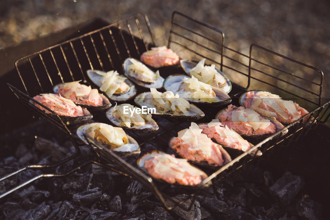 Close-up of meat on barbecue grill