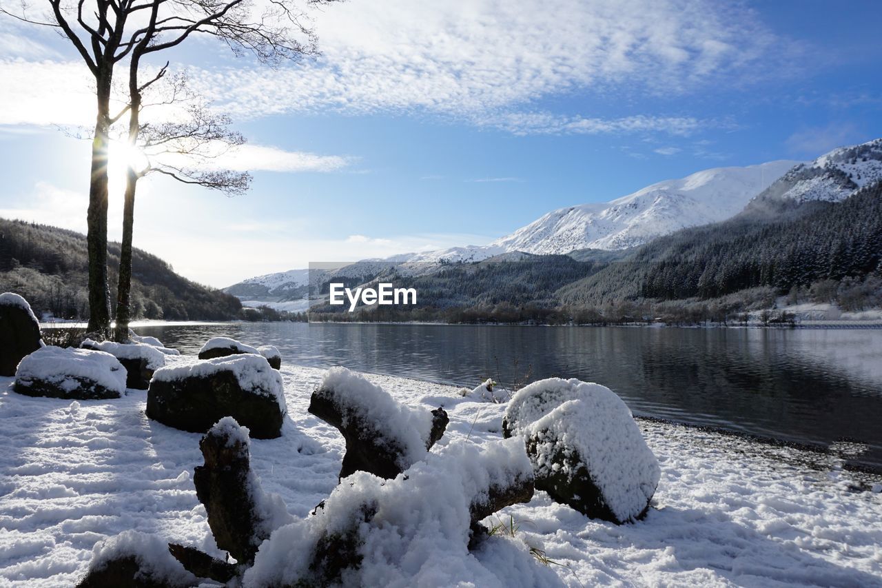 SCENIC VIEW OF FROZEN LAKE AGAINST MOUNTAIN RANGE