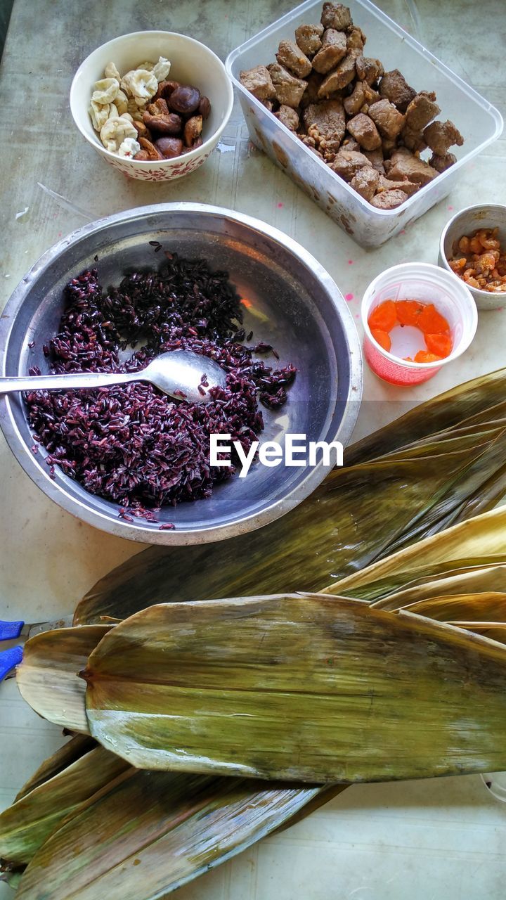 Close-up of food and leaves on table