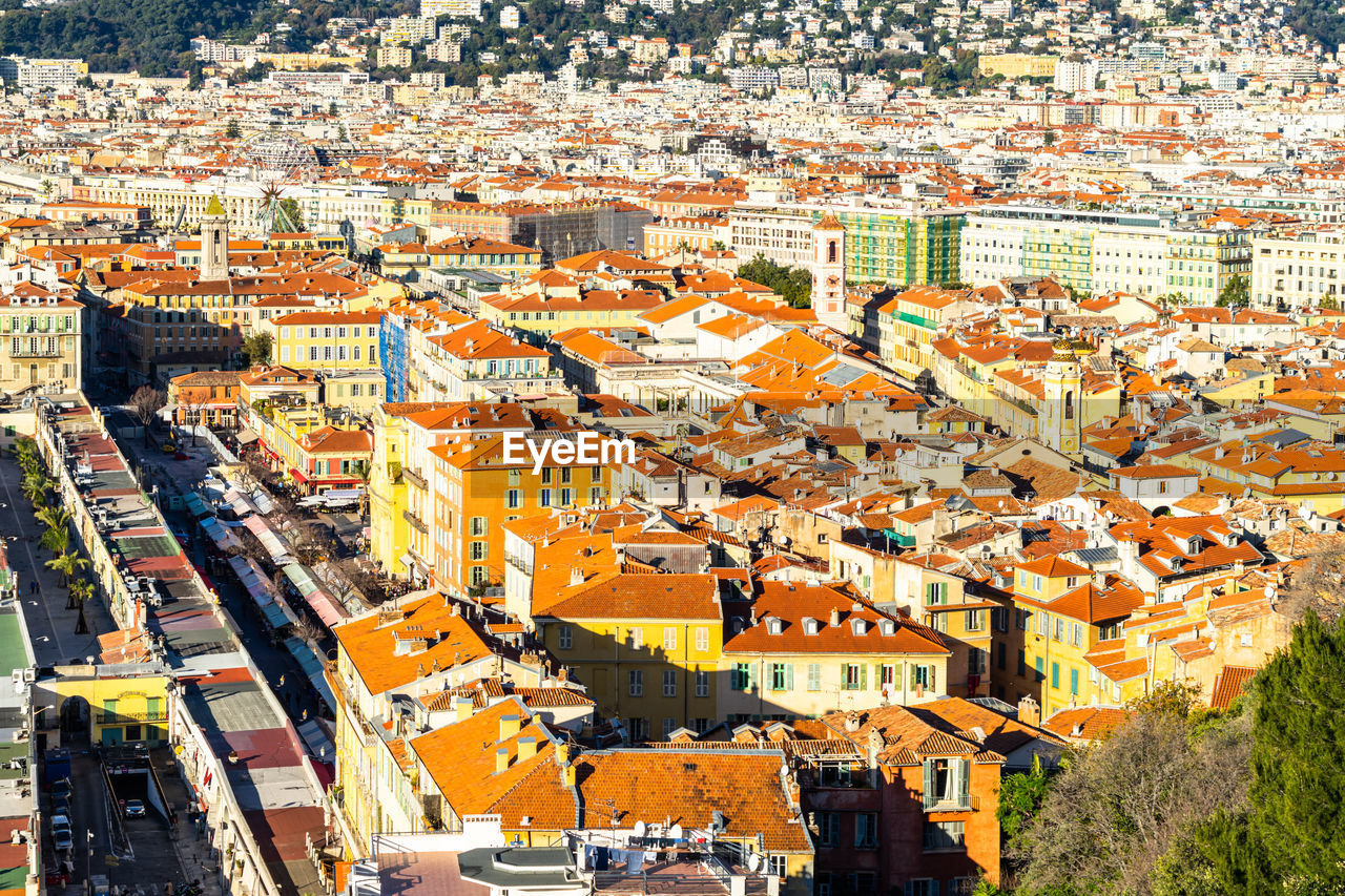 Scenic aerial view of nice old town seen from the viewpoint of the colline du chateau