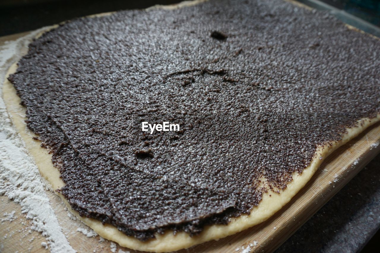 High angle view of poppy seed cake in kitchen for preparation