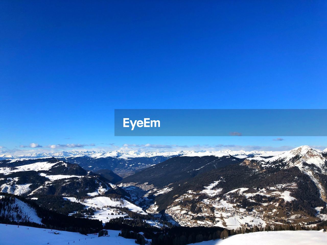 Scenic view of snowcapped mountains against clear blue sky